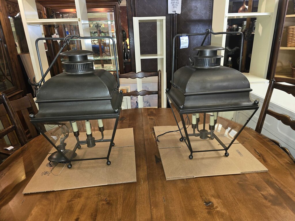 Pair Of Designer High End Holborn Aged Iron Hanging Lanterns (cost $2600 new)