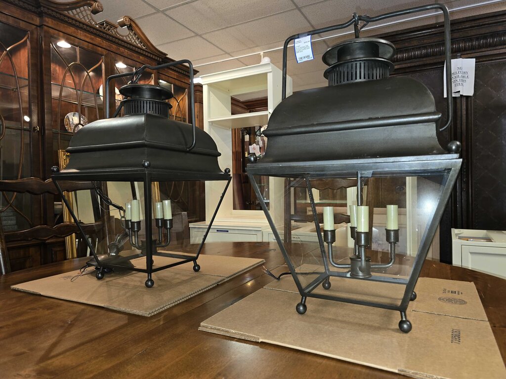 Pair Of Designer High End Holborn Aged Iron Hanging Lanterns (cost $2600 new)