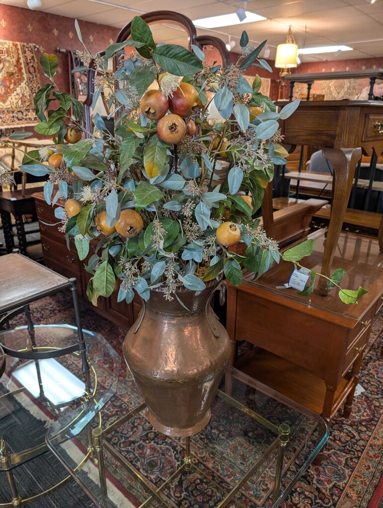 Decorative Large Hammered Copper Vase w/ Pomegranate & Greenery