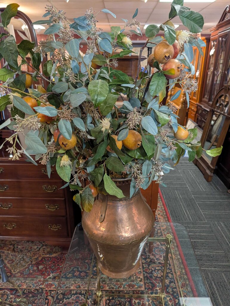 Decorative Large Hammered Copper Vase w/ Pomegranate & Greenery