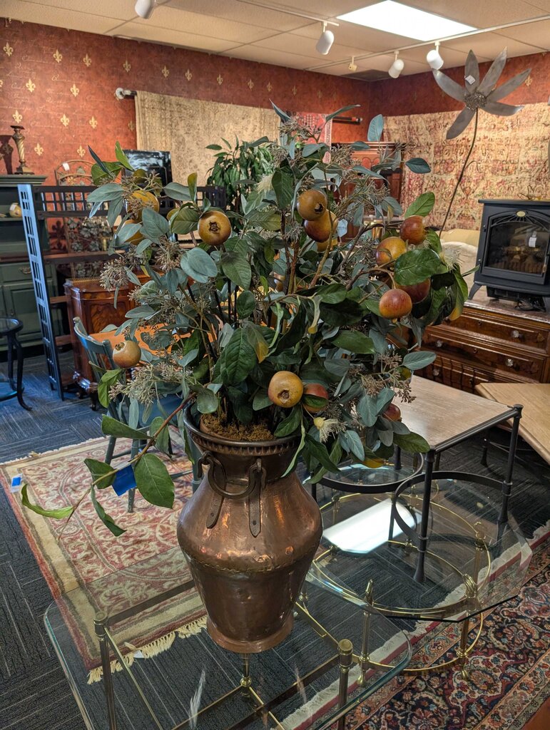 Decorative Large Hammered Copper Vase w/ Pomegranate & Greenery