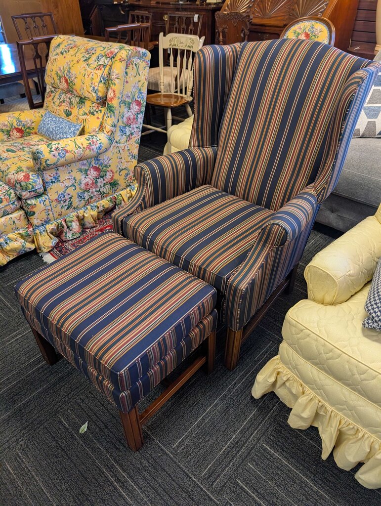 Formal Striped Blue Wingback Chair & Ottoman by Disque