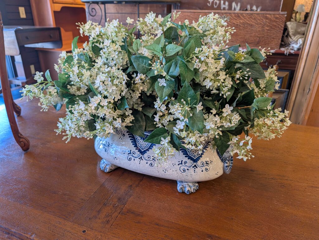 Blue & White Ceramic Cachepot w/ Faux Hydrangea Arrangement