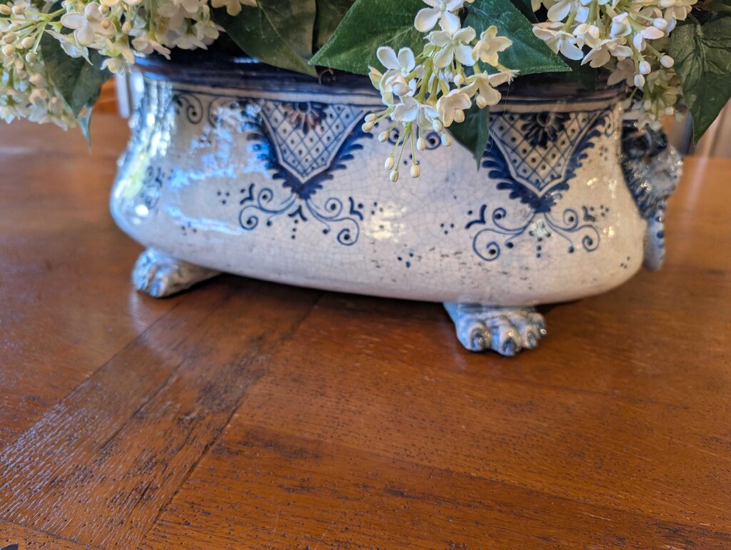Blue & White Ceramic Cachepot w/ Faux Hydrangea Arrangement