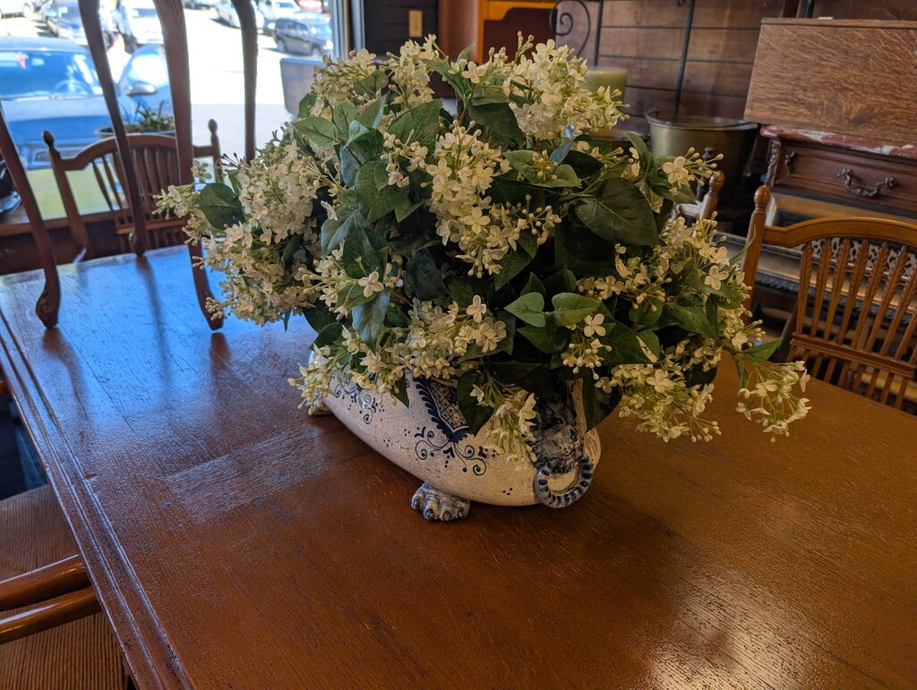 Blue & White Ceramic Cachepot w/ Faux Hydrangea Arrangement