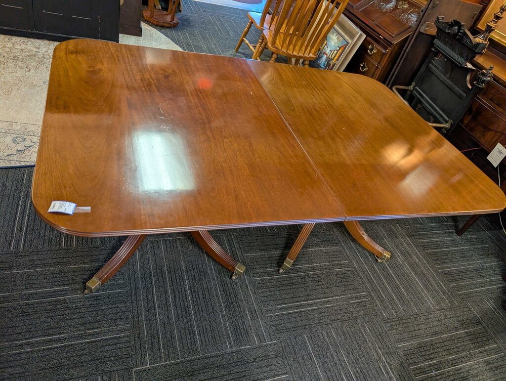Vintage Solid Mahogany English Continental Double Pedestal Table With Two Leaves