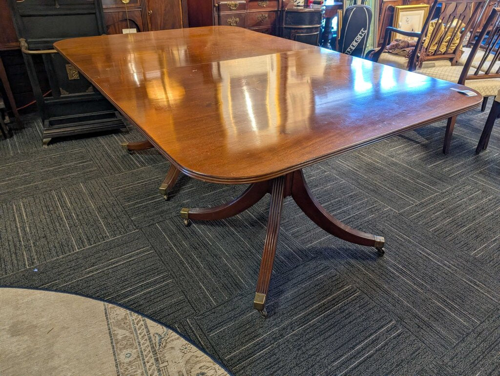Vintage Solid Mahogany English Continental Double Pedestal Table With Two Leaves