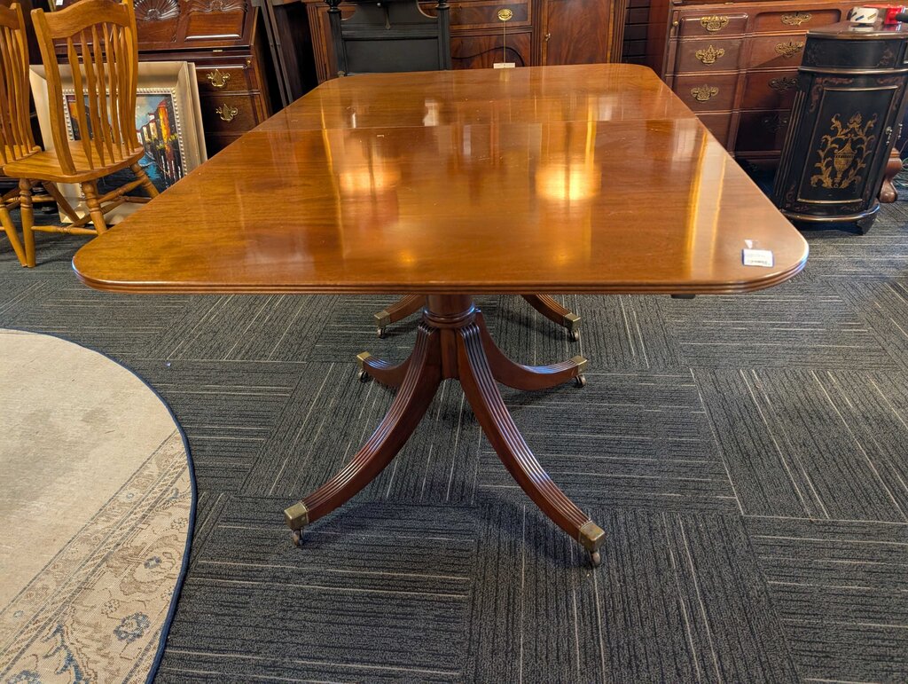 Vintage Solid Mahogany English Continental Double Pedestal Table With Two Leaves