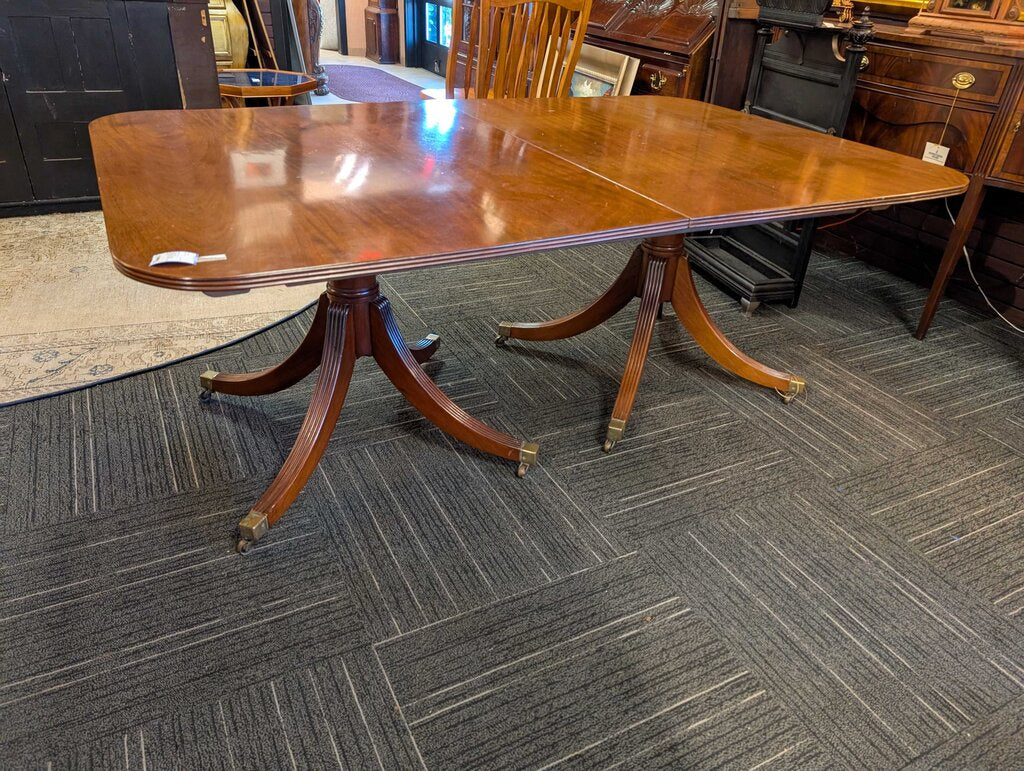 Vintage Solid Mahogany English Continental Double Pedestal Table With Two Leaves