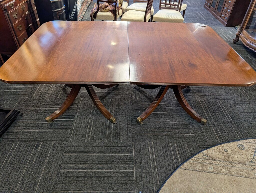 Vintage Solid Mahogany English Continental Double Pedestal Table With Two Leaves