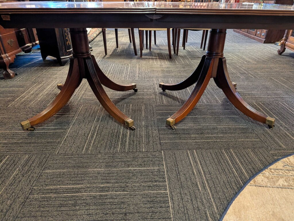 Vintage Solid Mahogany English Continental Double Pedestal Table With Two Leaves