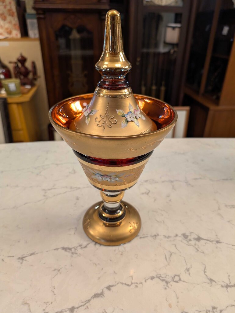 Bohemian Ruby Red And Gold Glass Covered Compote