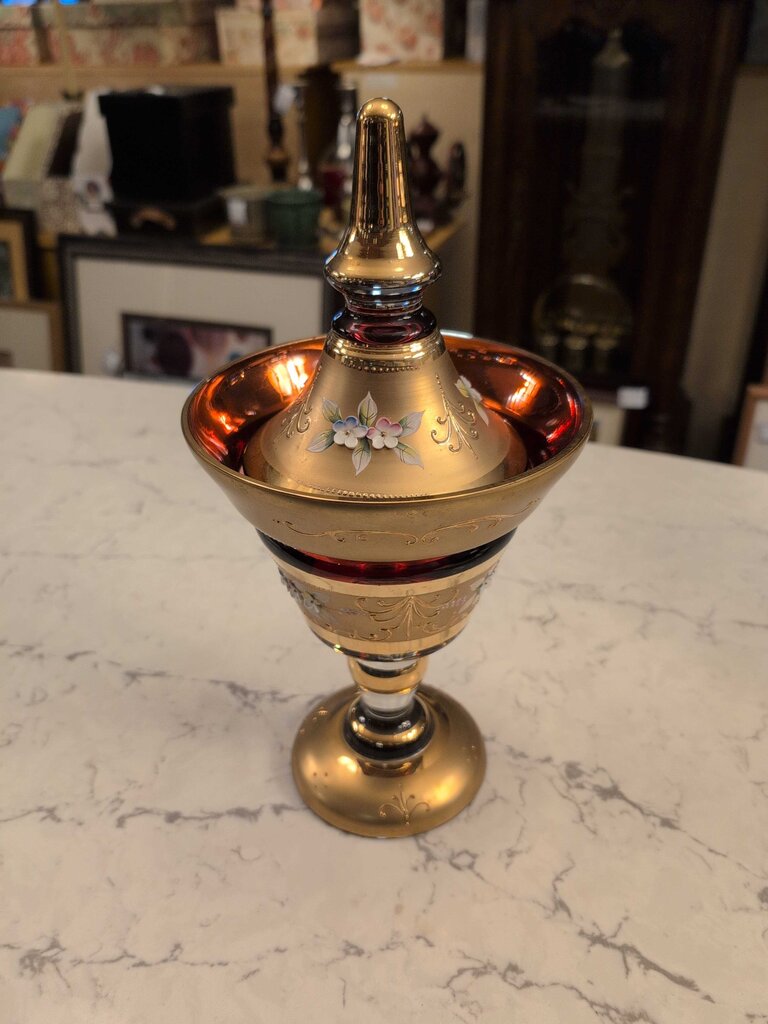Bohemian Ruby Red And Gold Glass Covered Compote