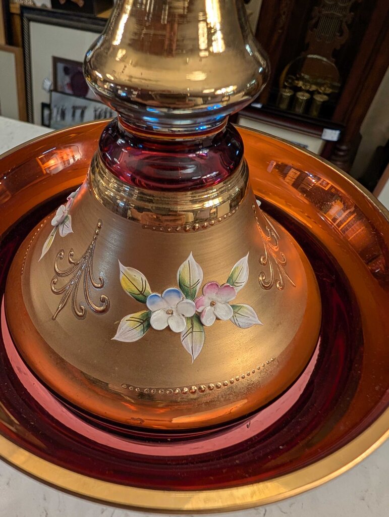Bohemian Ruby Red And Gold Glass Covered Compote