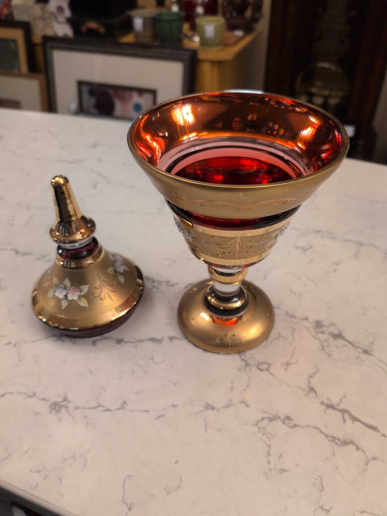 Bohemian Ruby Red And Gold Glass Covered Compote