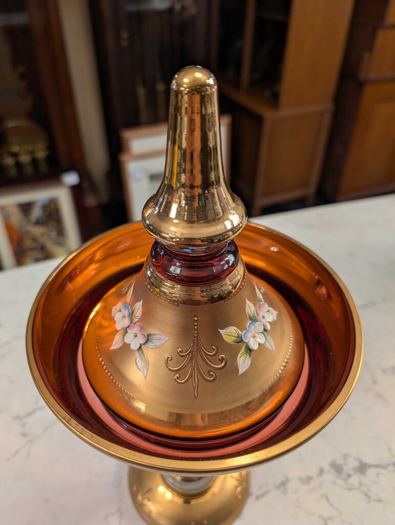 Bohemian Ruby Red And Gold Glass Covered Compote