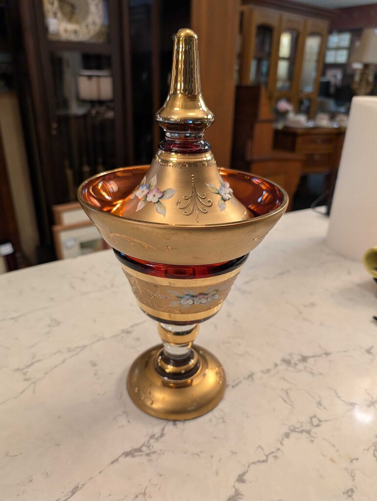 Bohemian Ruby Red And Gold Glass Covered Compote
