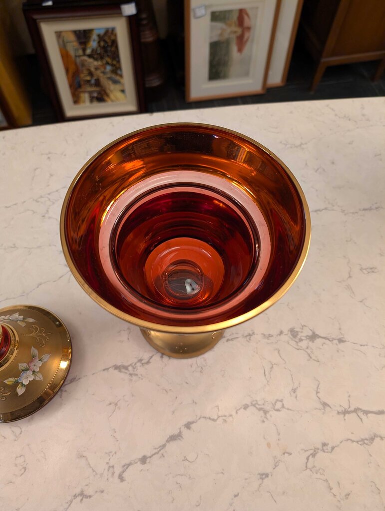 Bohemian Ruby Red And Gold Glass Covered Compote