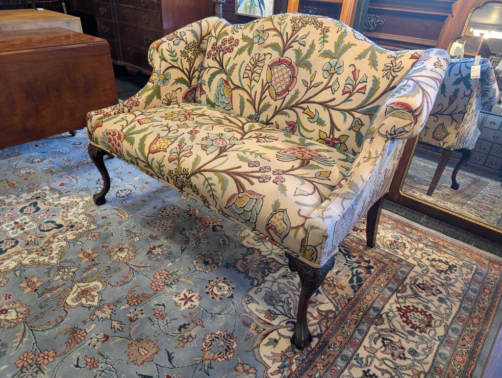 Chippendale Style Settee With Crewel Upholstery