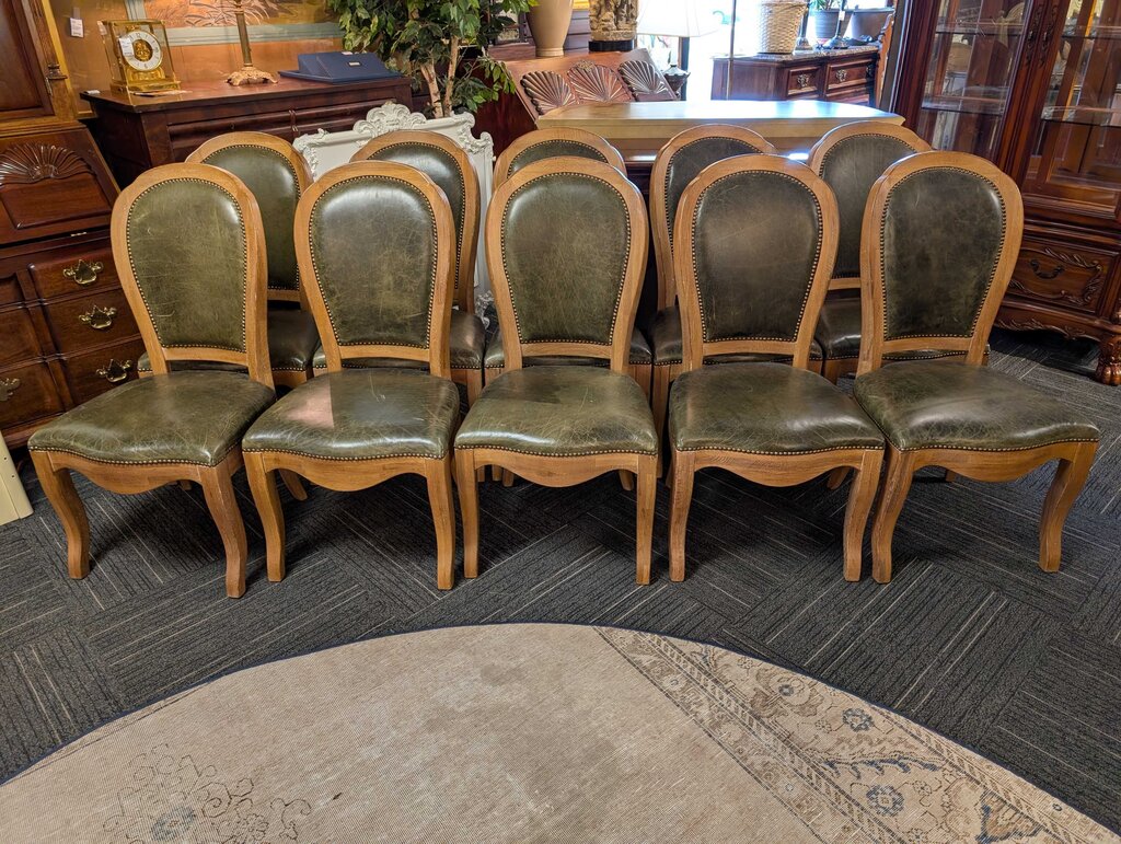 Ten Oak Chairs With Green Leather Seats