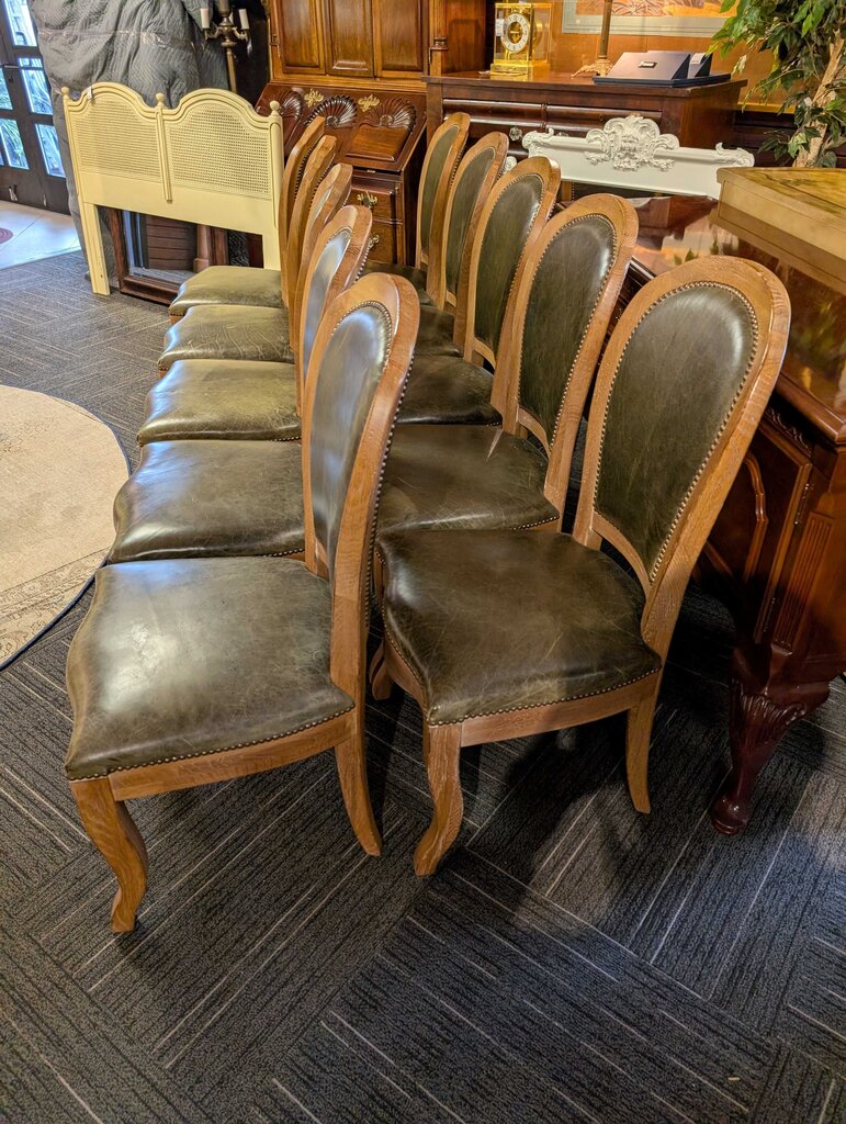 Ten Oak Chairs With Green Leather Seats
