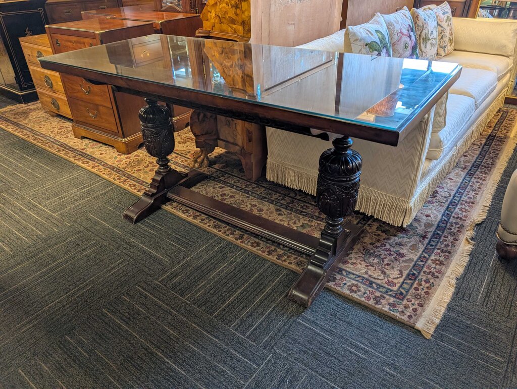 Colonial Revival Console Table w/ Carved Base & Glass Top