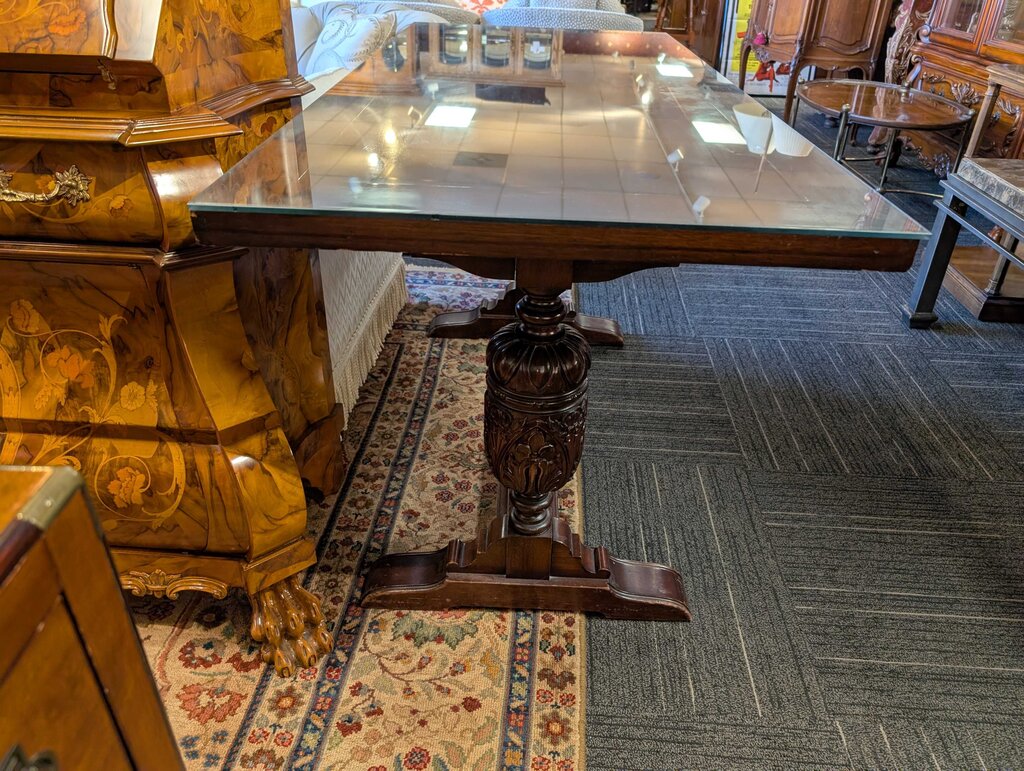 Colonial Revival Console Table w/ Carved Base & Glass Top