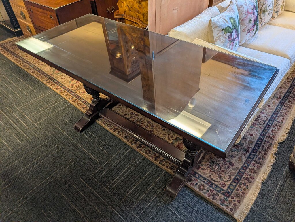 Colonial Revival Console Table w/ Carved Base & Glass Top