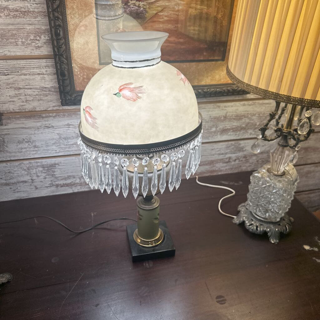 Vintage Gone with the Wind Style Parlor Lamp with Crystal Prisms and Hand-Painted Birds