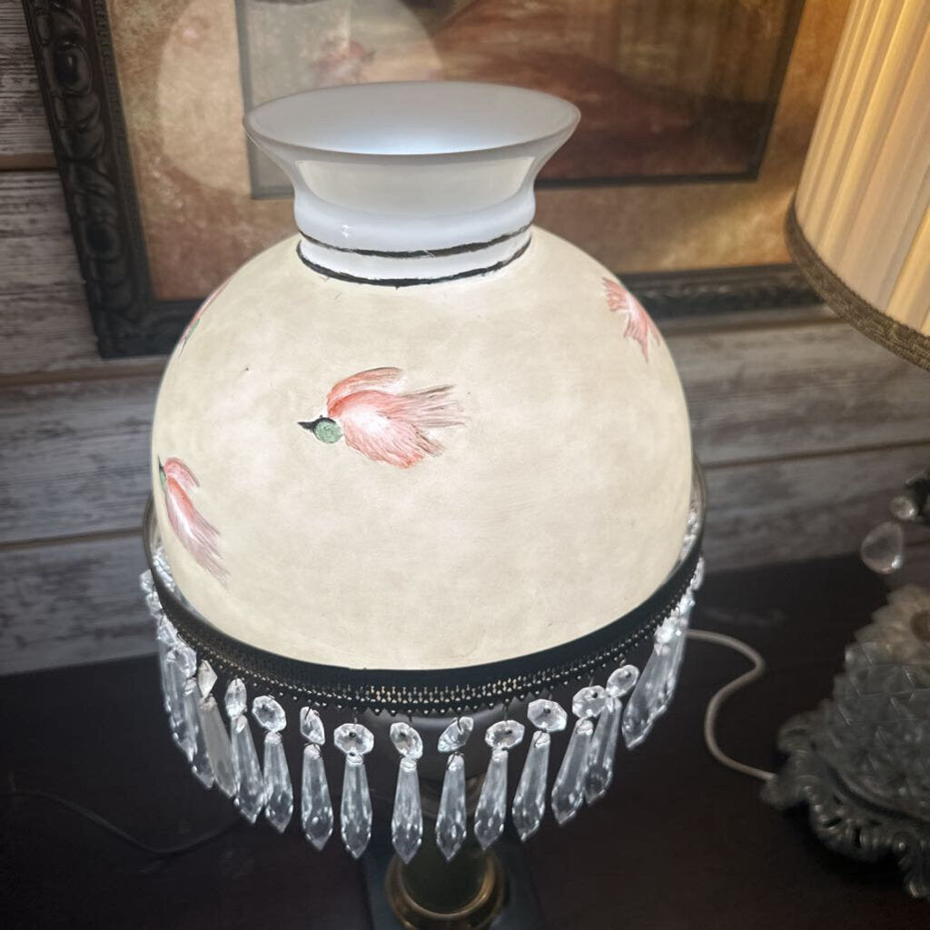 Vintage Gone with the Wind Style Parlor Lamp with Crystal Prisms and Hand-Painted Birds