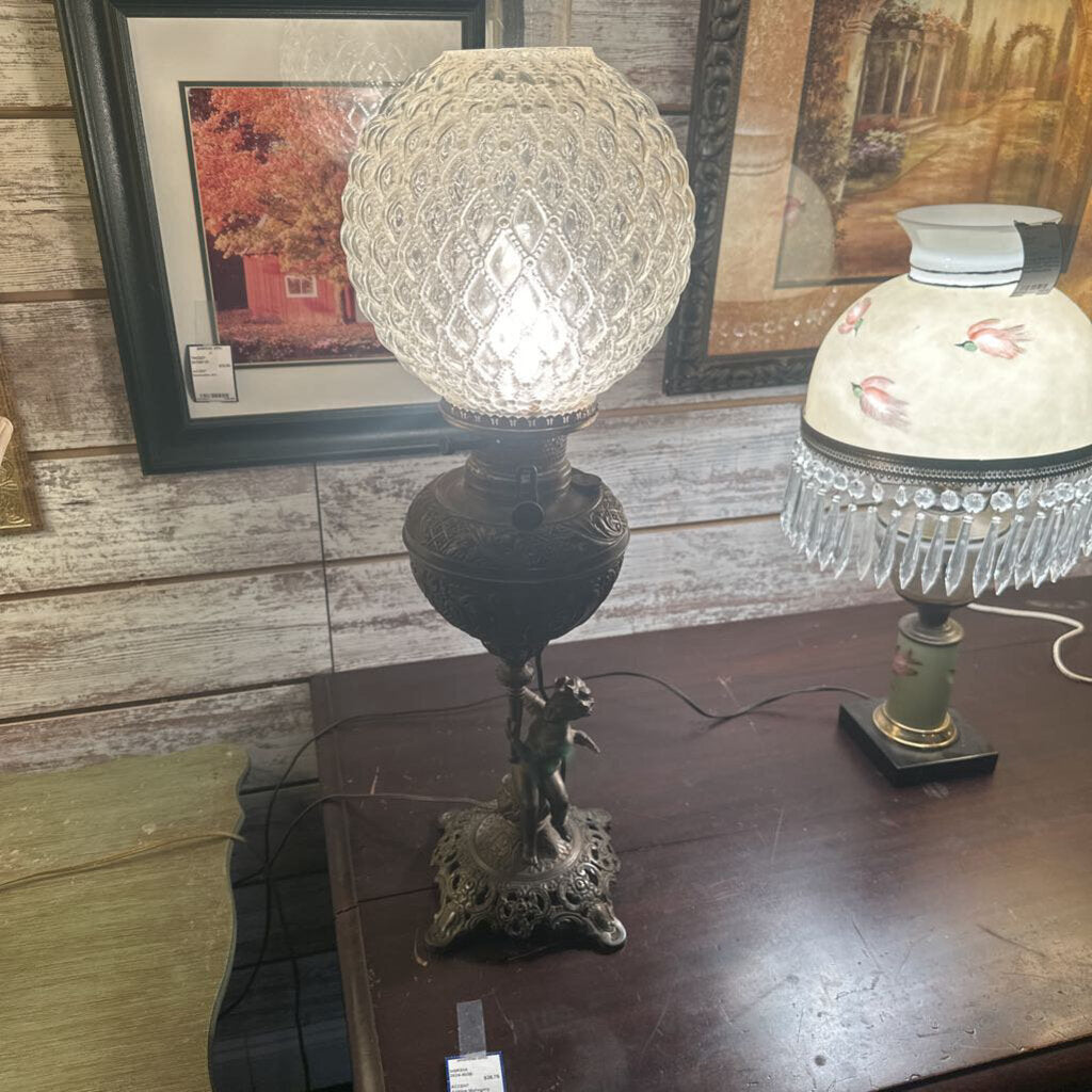 Victorian Cherub Figural Banquet Lamp with Hobnail Diamond Glass Globe