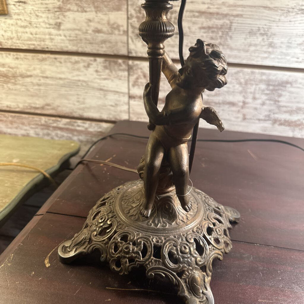 Victorian Cherub Figural Banquet Lamp with Hobnail Diamond Glass Globe