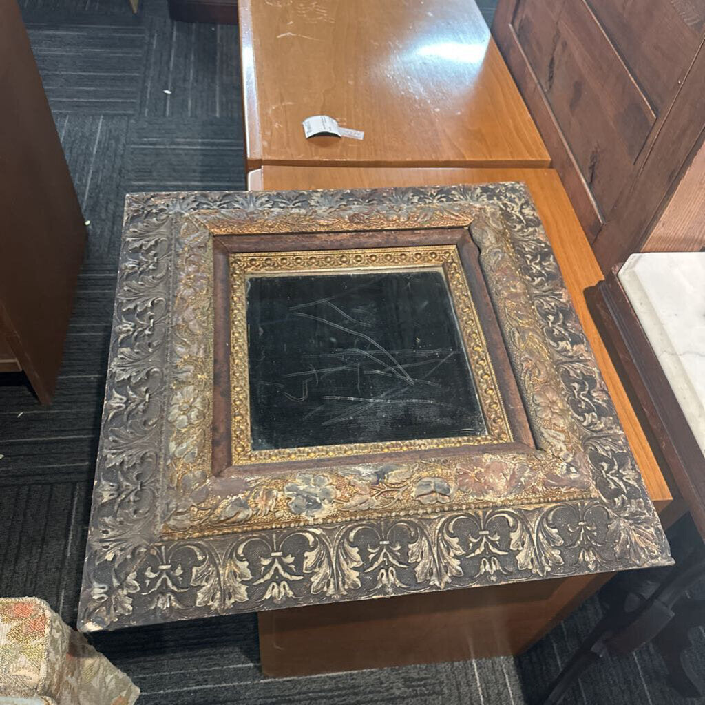 Antique Ornate Giltwood Beveled Mirror with Deep Relief Floral Frame