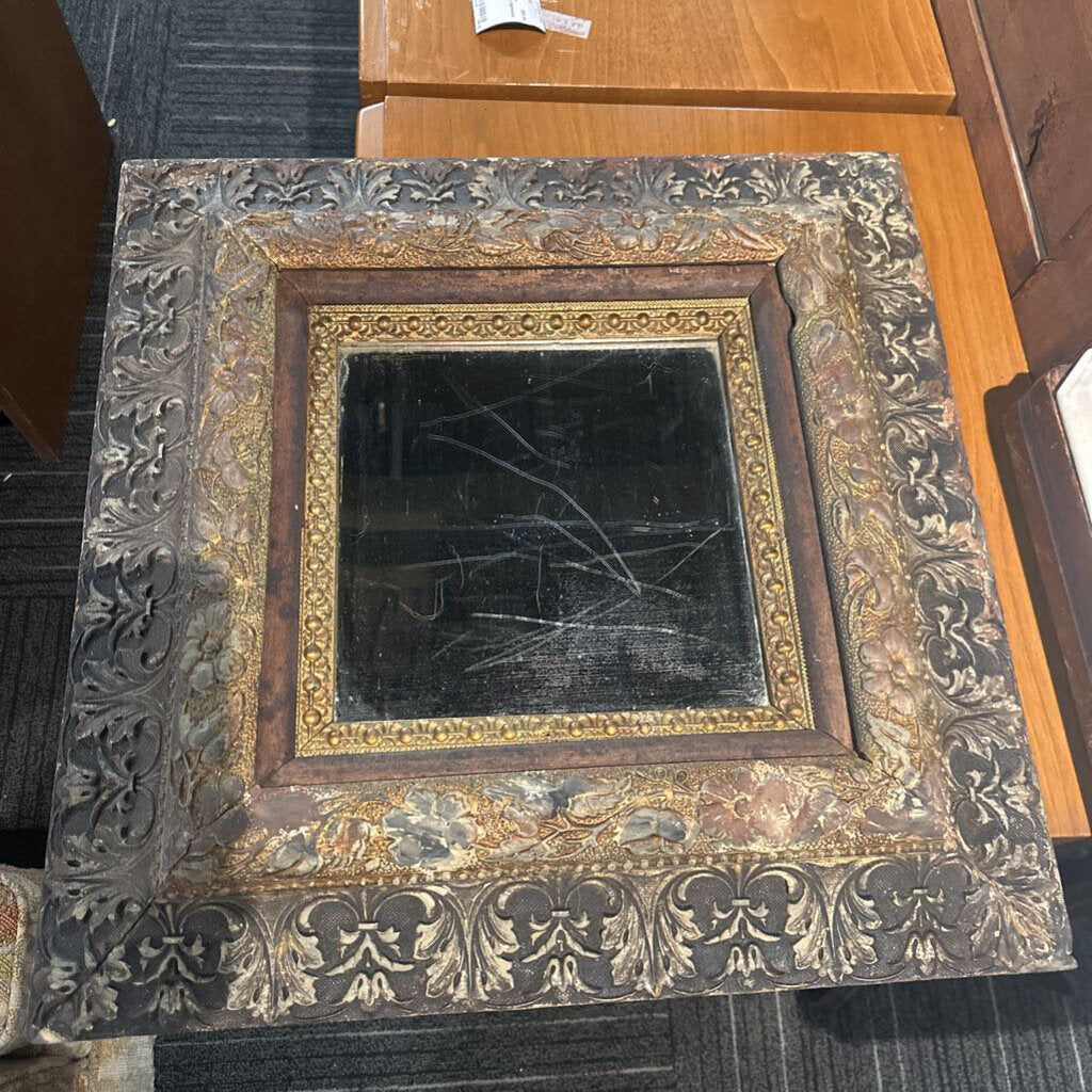 Antique Ornate Giltwood Beveled Mirror with Deep Relief Floral Frame