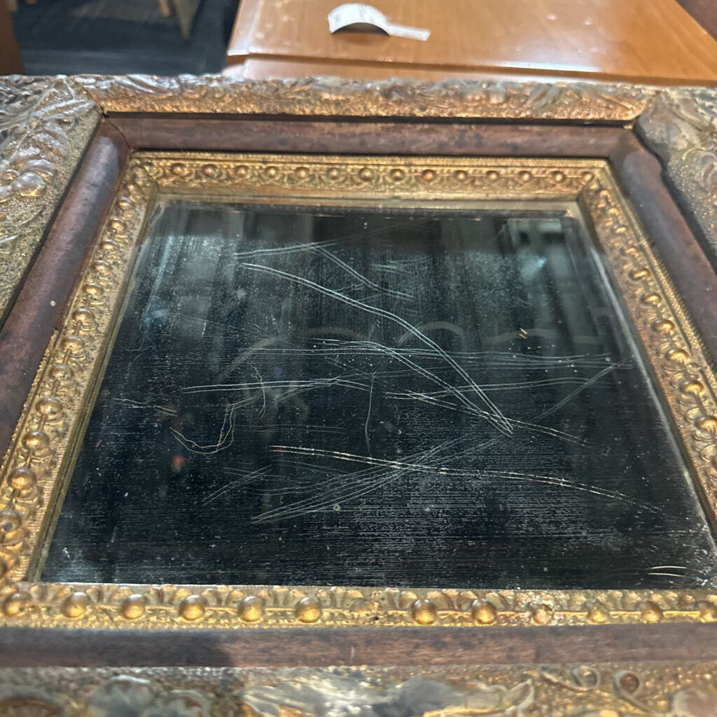 Antique Ornate Giltwood Beveled Mirror with Deep Relief Floral Frame