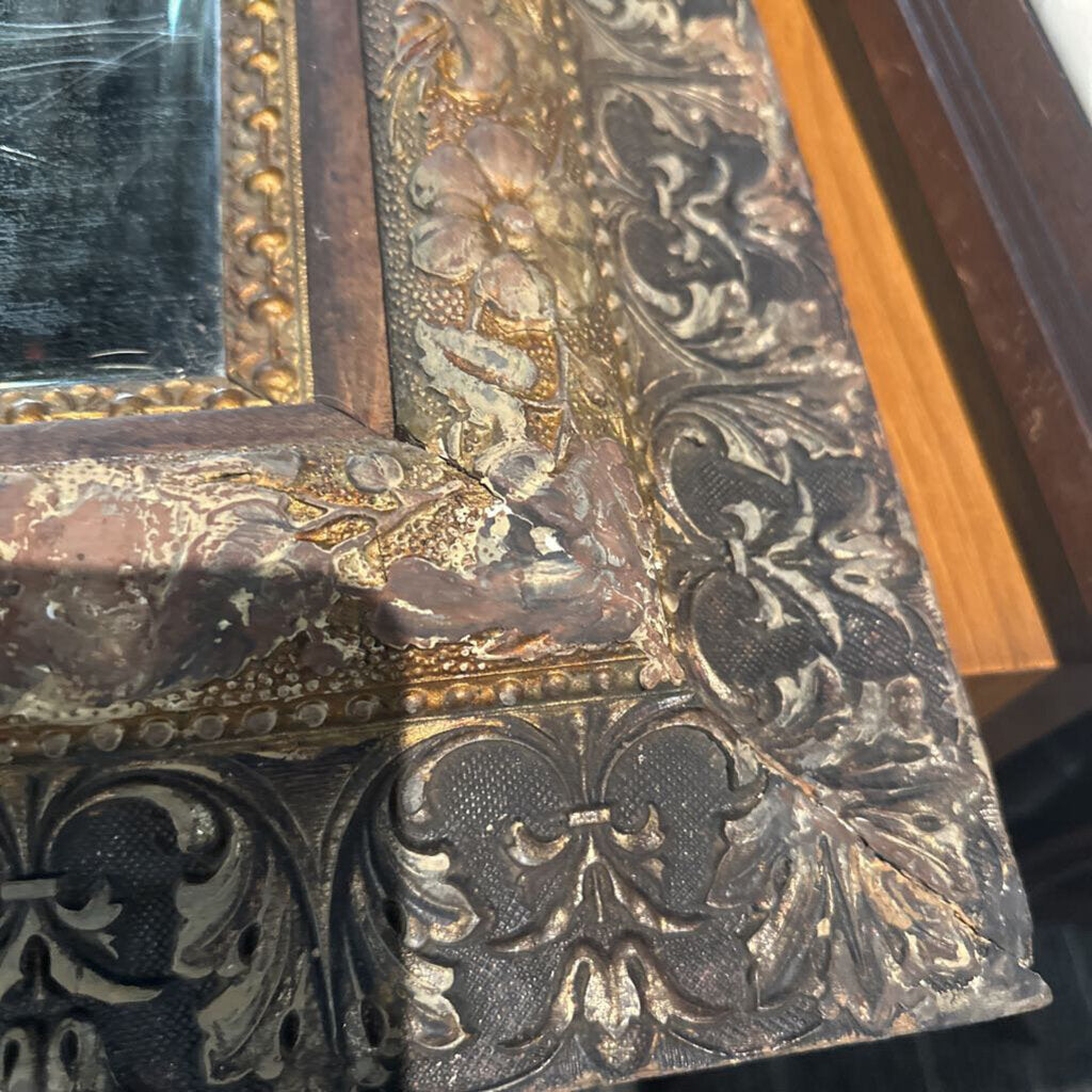 Antique Ornate Giltwood Beveled Mirror with Deep Relief Floral Frame