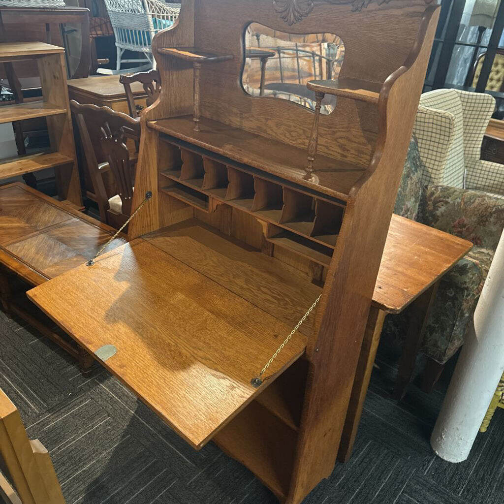 Antique Oak Drop-Front Secretary Desk with Mirrored Hutch and Gallery Shelving