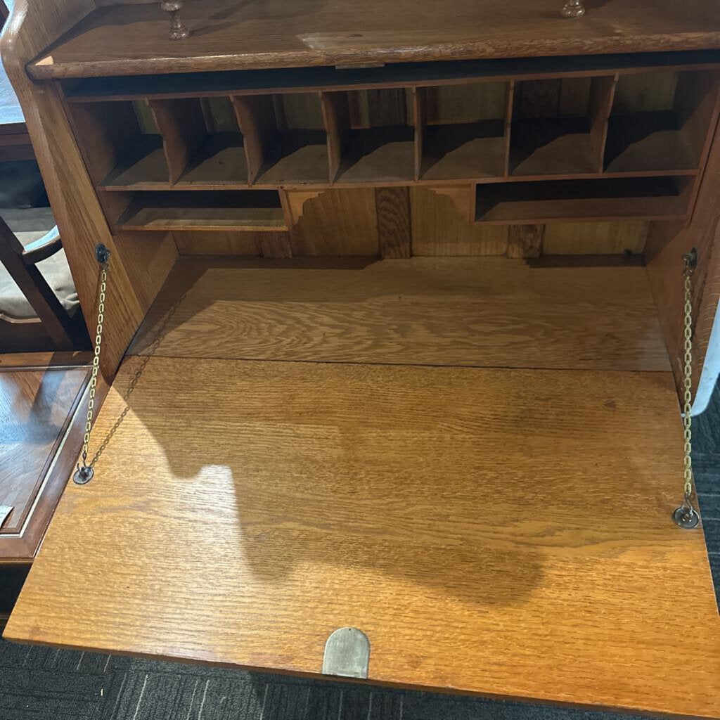Antique Oak Drop-Front Secretary Desk with Mirrored Hutch and Gallery Shelving