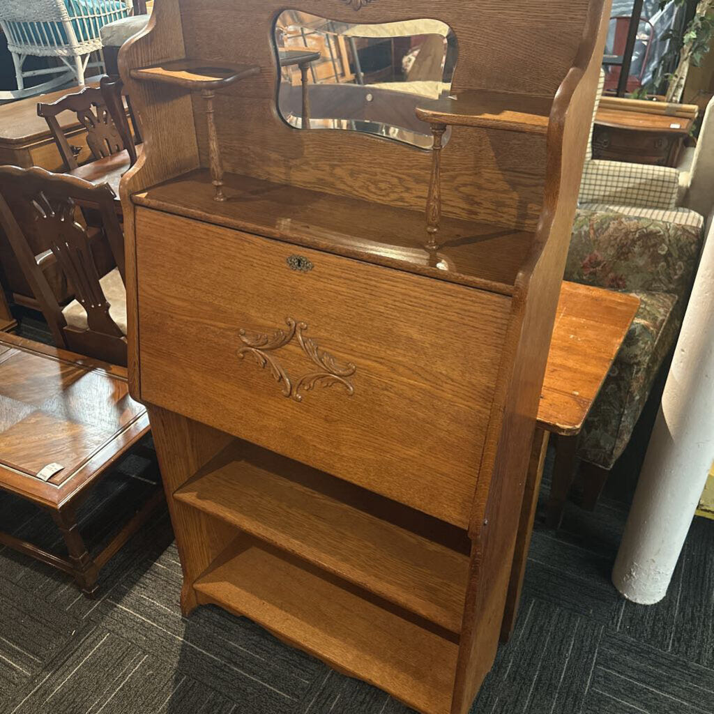 Antique Oak Drop-Front Secretary Desk with Mirrored Hutch and Gallery Shelving