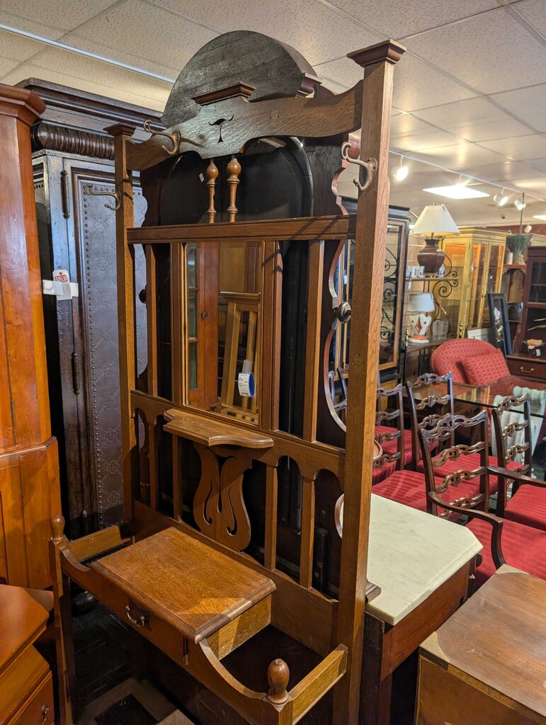 Antique Oak Hall Tree w/ Mirror