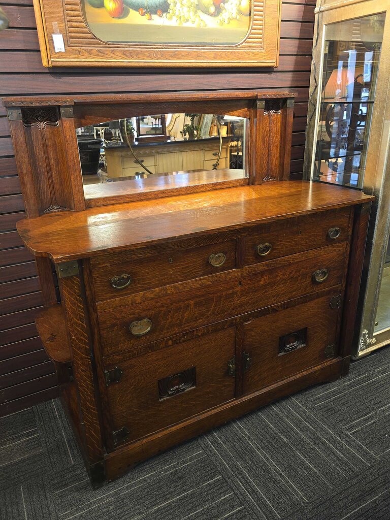 Exceptional Arts & Crafts Quarter Sawn Oak Sideboard w/ Art Nouveau Carved Panels Attributed to Charles Rohlfs