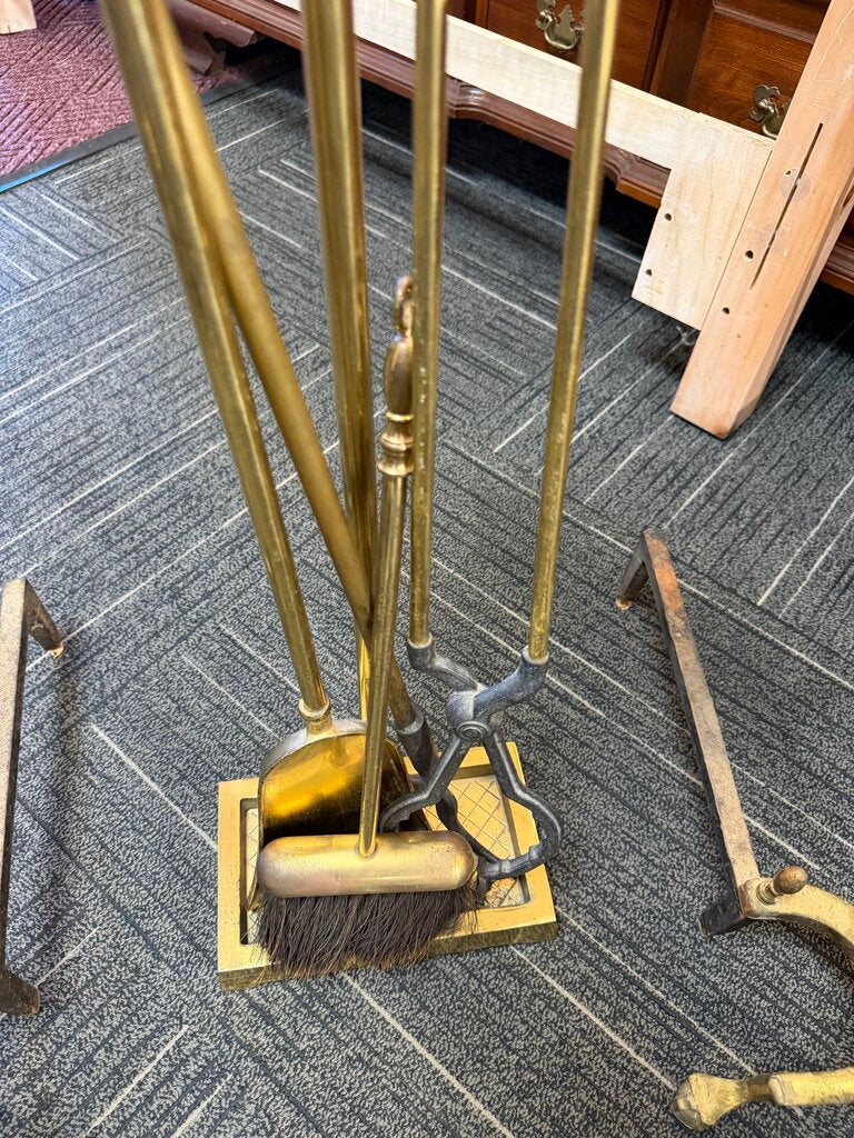 Vintage Brass Fireplace Tools with Andirons