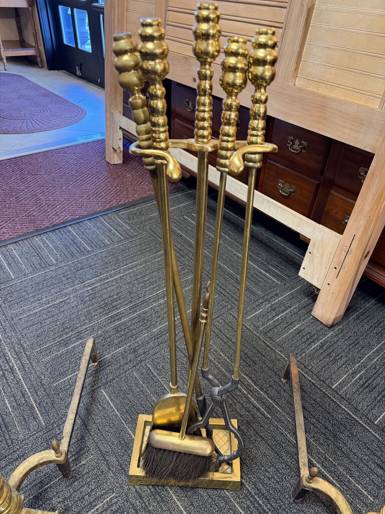 Vintage Brass Fireplace Tools with Andirons