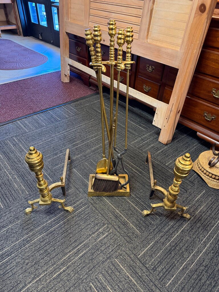 Vintage Brass Fireplace Tools with Andirons