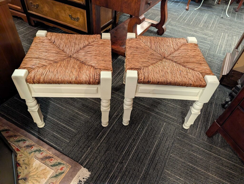 Pair of Pottery Barn Toscana-style rush-seat stools