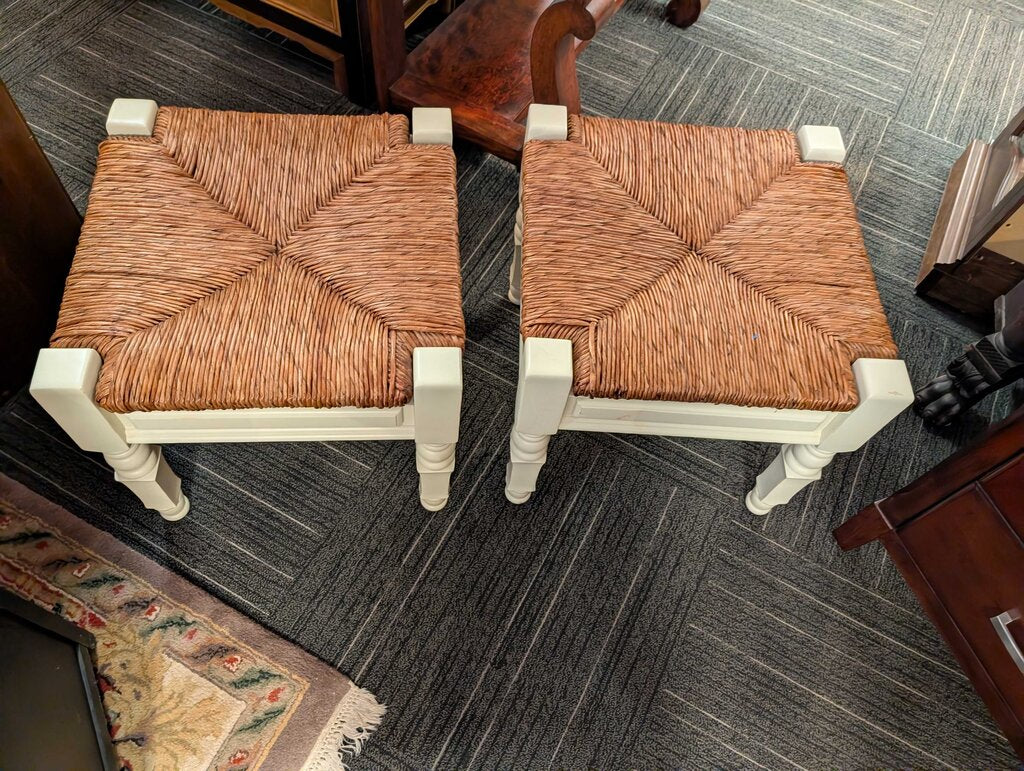 Pair of Pottery Barn Toscana-style rush-seat stools