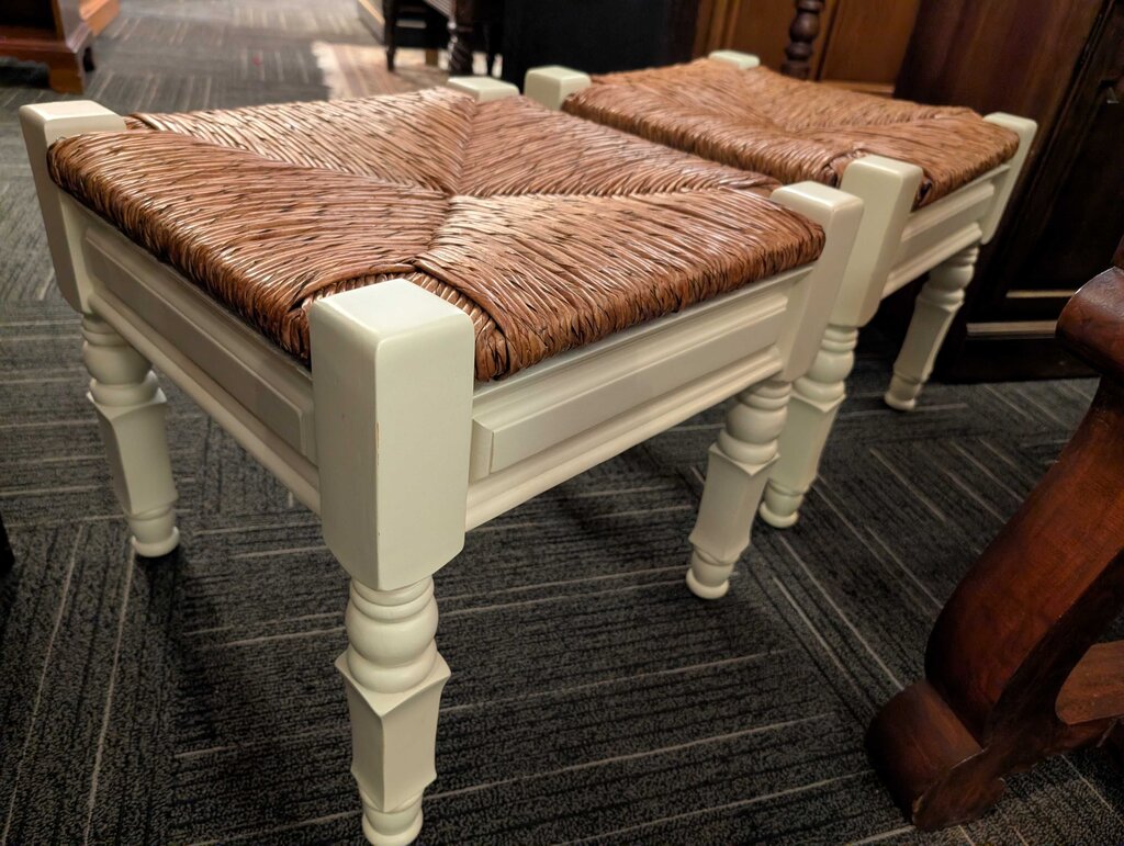 Pair of Pottery Barn Toscana-style rush-seat stools