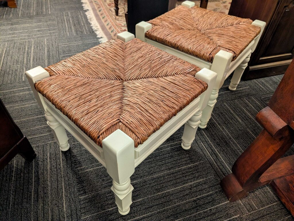 Pair of Pottery Barn Toscana-style rush-seat stools