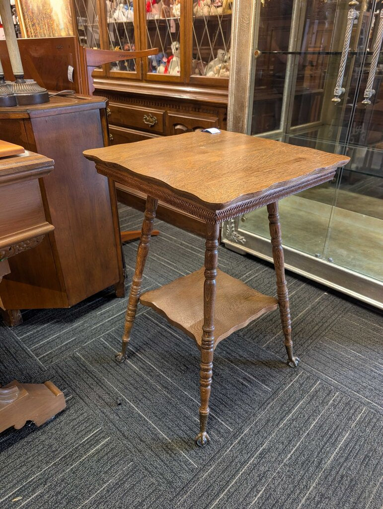 Antique Oak Stand w/ Metal & Glass Claw Feet
