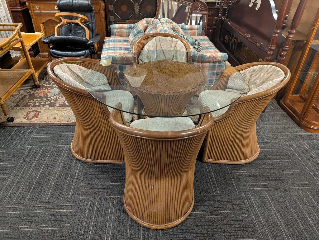 Mid Century Maguire "wheat Leaf" Ratan Glass Top Table With Four Chairs